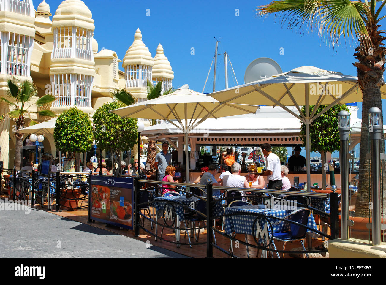 View of bars in the marina area, Benalmadena, Costa del Sol, Malaga