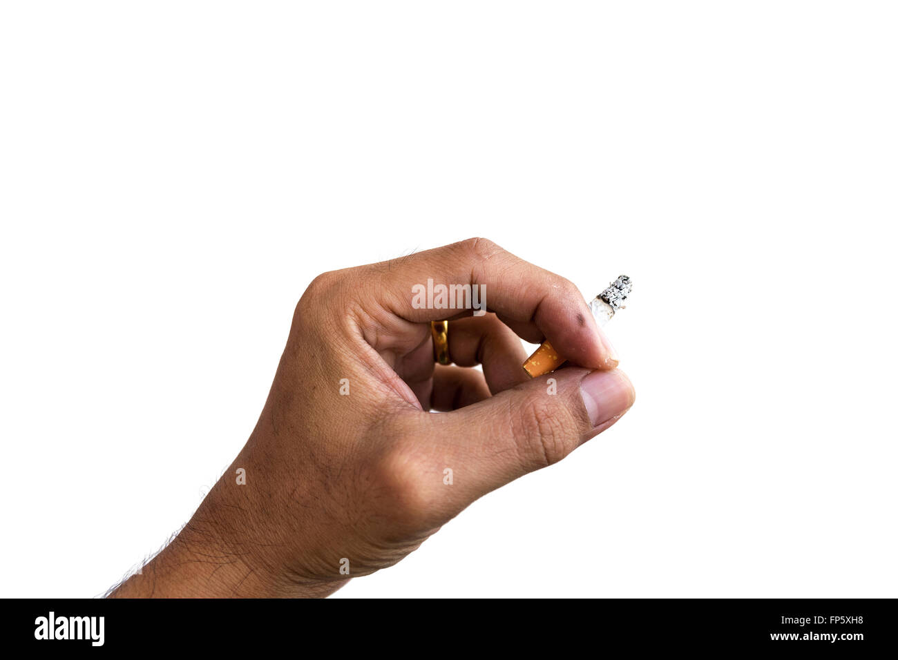 Cigarette in hand isolated on white background,Smoking causes erectile degeneration. Stock Photo