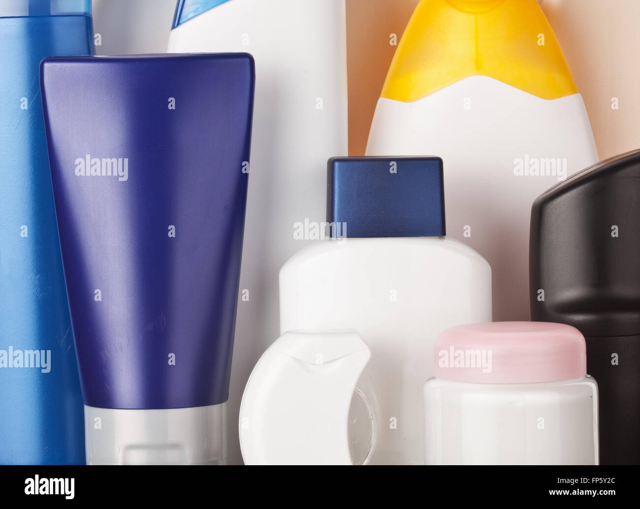 Set of colorful toiletries cosmetic plastic bottles Stock Photo