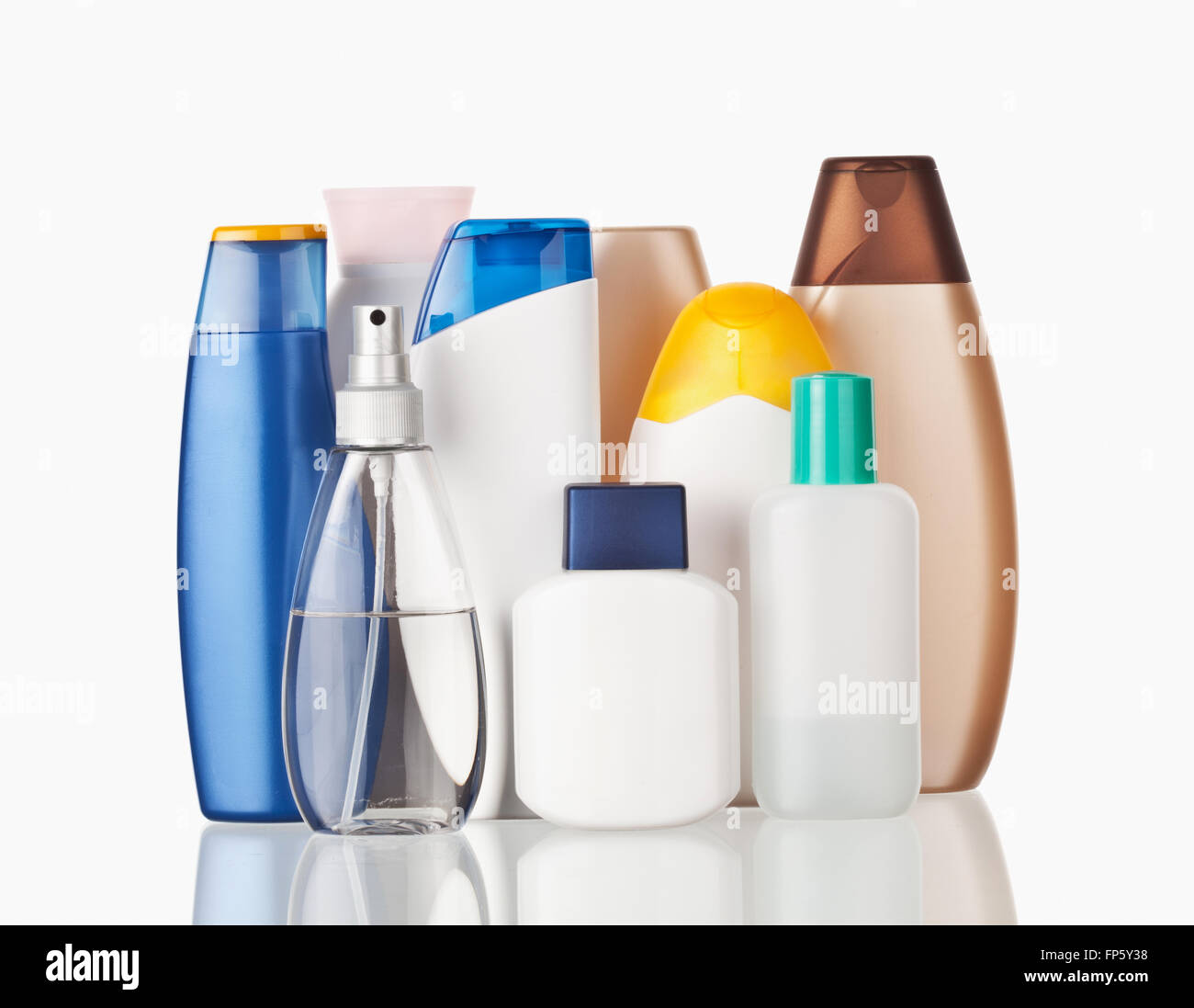 Set of colorful toiletries cosmetic plastic bottles Stock Photo
