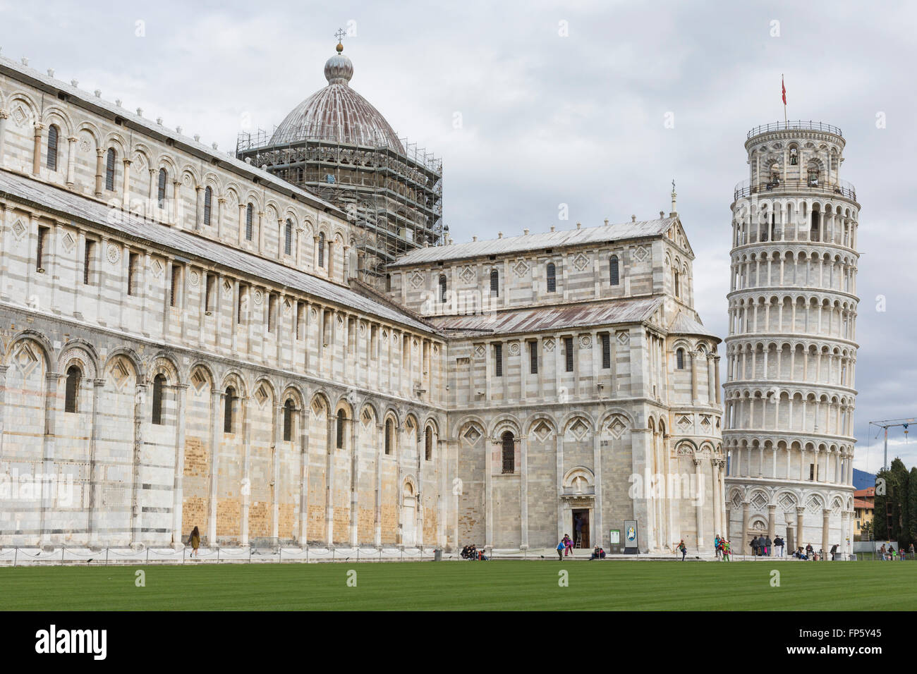 PIZA, ITALY - 10 MARCH, 2016: View of Leaning tower and the Basilica, Piazza dei miracoli, Pisa, Italy Stock Photo
