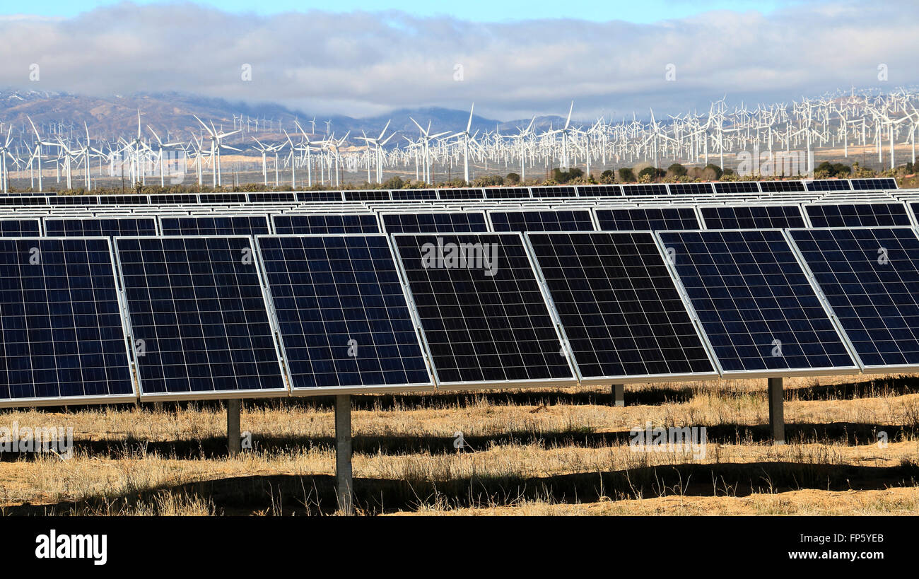 Solar panels and wind mill electric power production near Mojave California Stock Photo