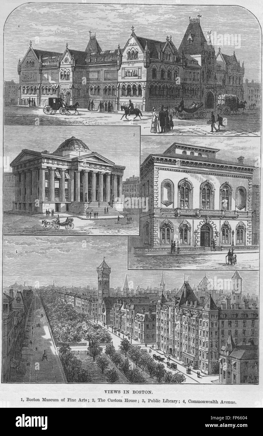 BOSTON: Museum of Fine Arts Custom House Public Library Commonwealth Avenue 1882 Stock Photo