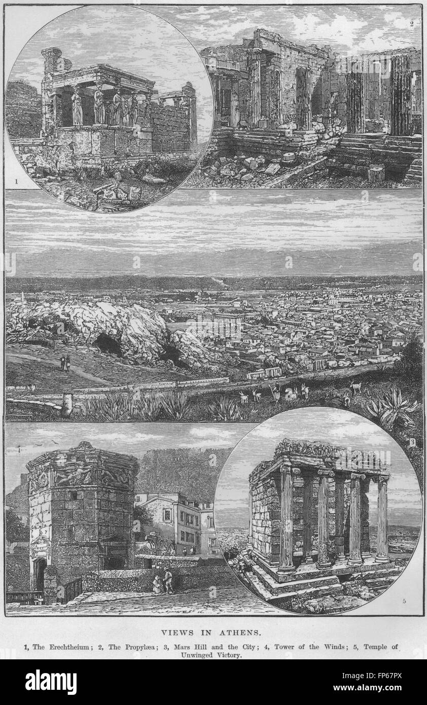 ATHENS: Erechthcium Propylaea Mars Hill Temple of Unwinged Victory, print 1882 Stock Photo