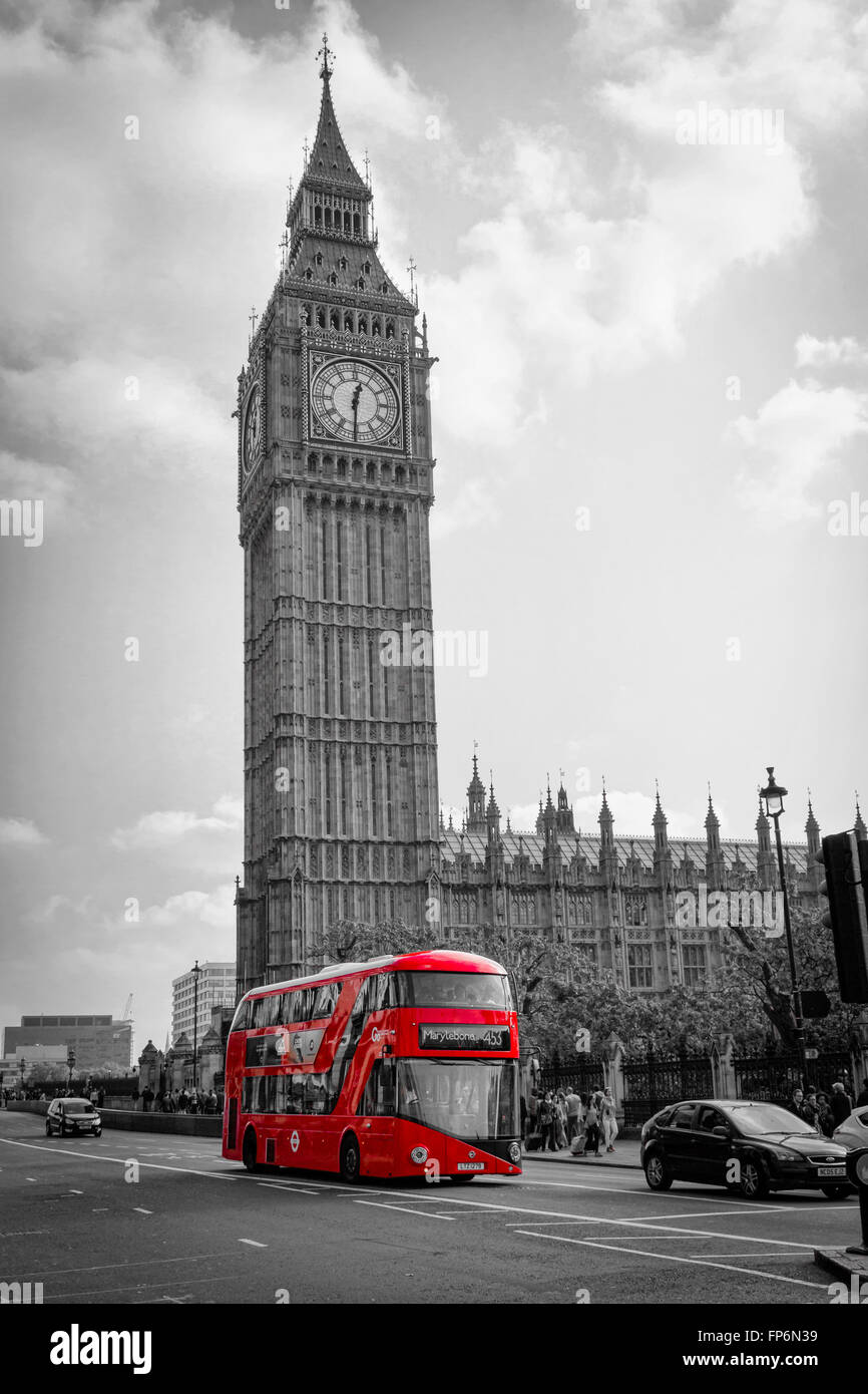 LONDON, UK - October 04, 2015: Double Decker Bus, most iconic symbol of London, and Big Ben. Stock Photo