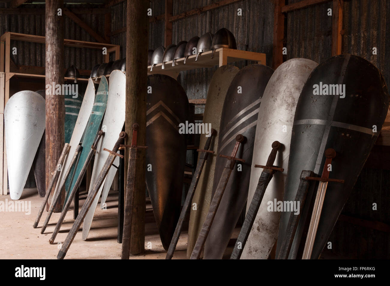 Norman weapons displayed in a barn Stock Photo