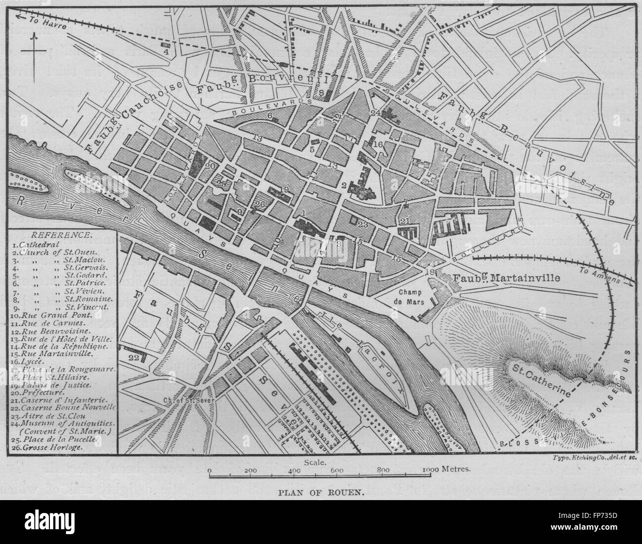 ROUEN: Plan of Rouen, 1882 antique map Stock Photo