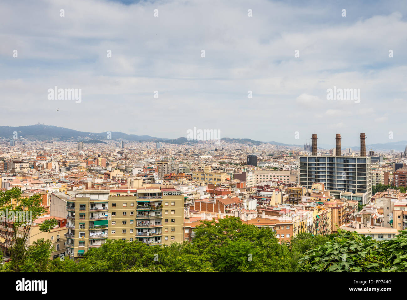 View from Montjuic over Barcelona, Spain. Montjuic is a hill in Barcelona. Stock Photo