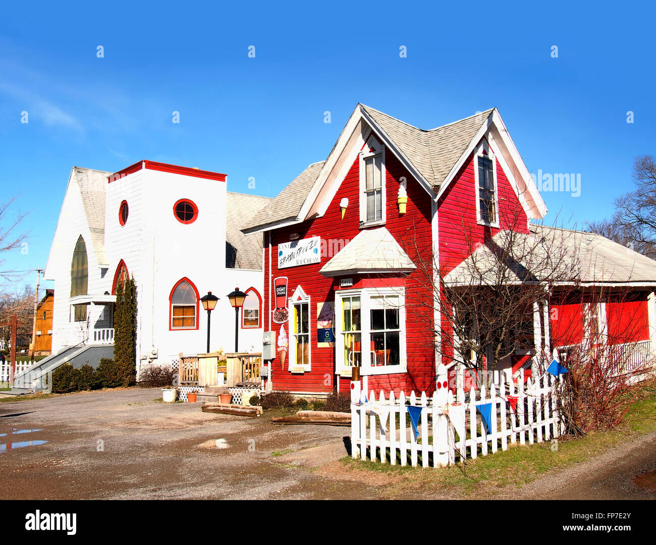 small town ice cream shop and church Stock Photo Alamy