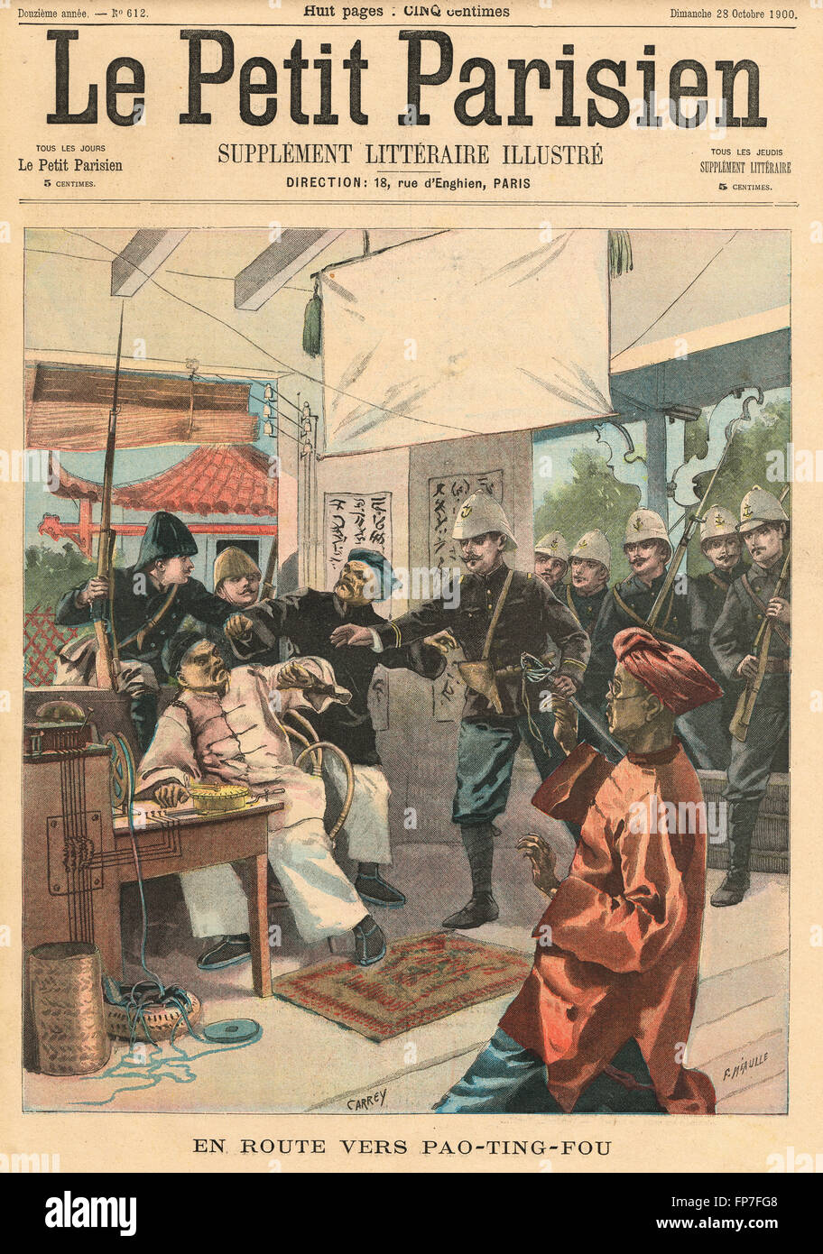 Allied soldiers capturing a telegraph post en route to Pao-Ting-Fou City  Boxer Rebellion China 1900. French illustrated newspaper Le Petit Parisien illustration Stock Photo