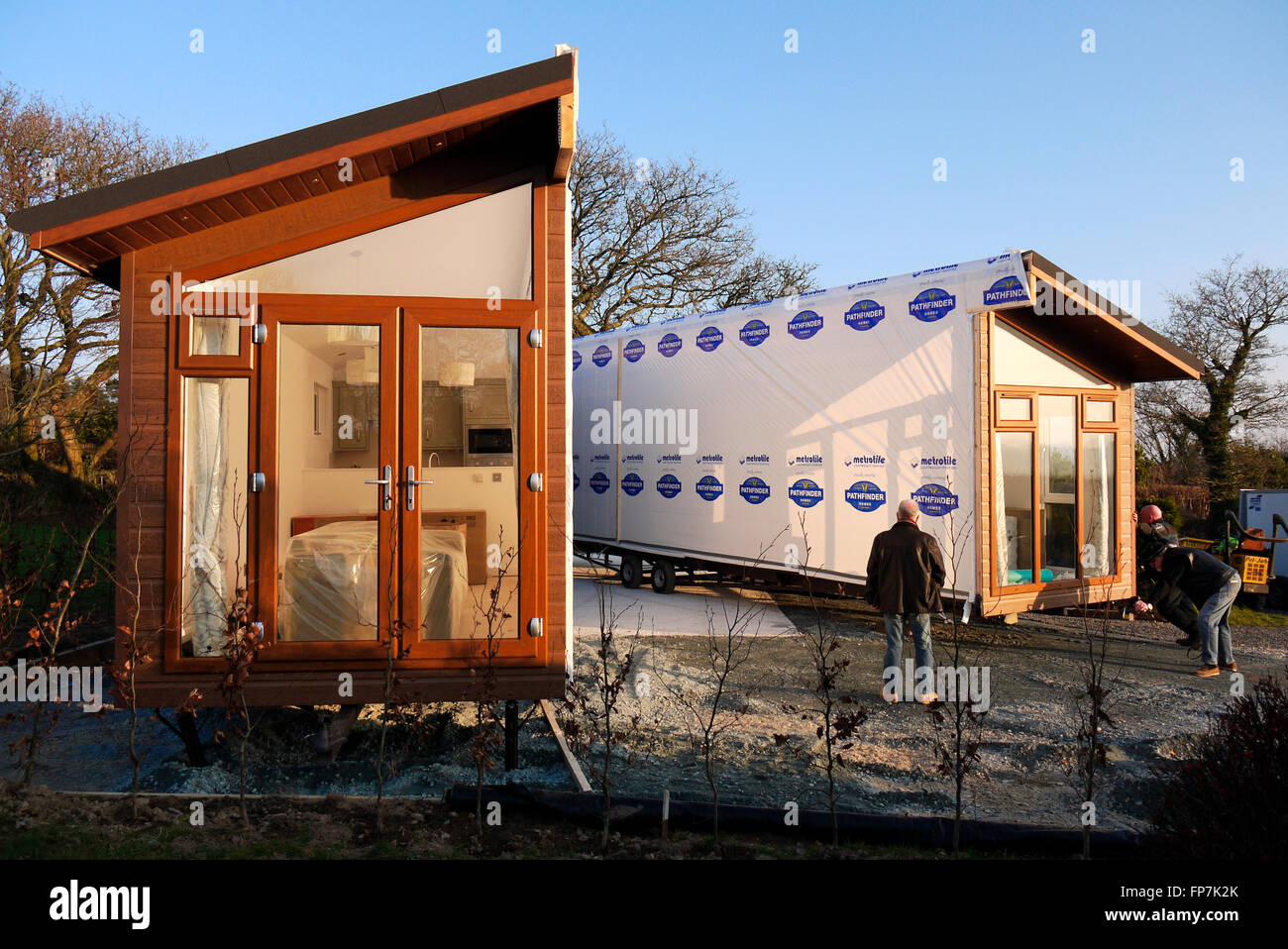 A static mobile home being placed on a caravan park in Devon, UK. Stock Photo