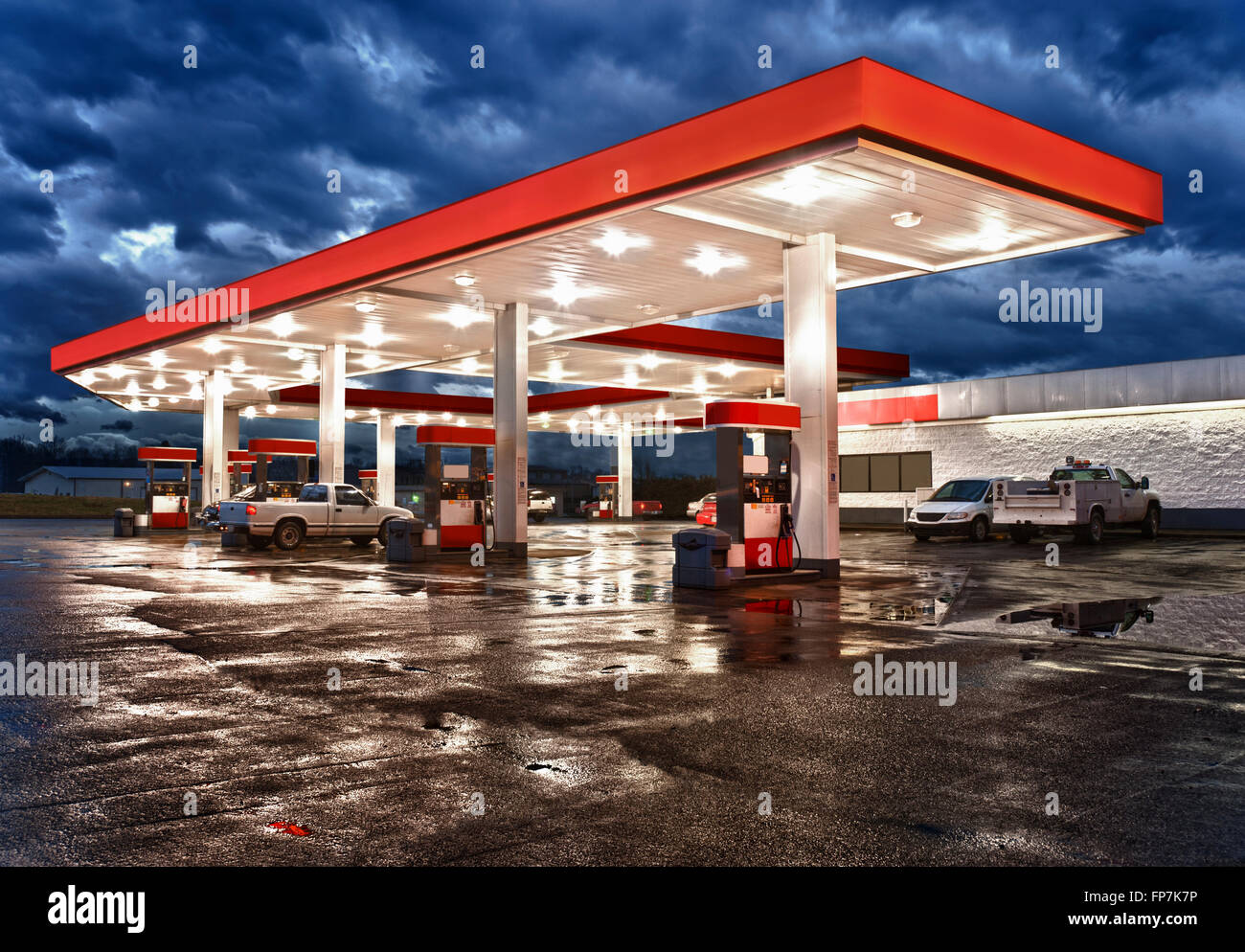 Gas Station Convenience Store On Rainy Evening Stock Photo