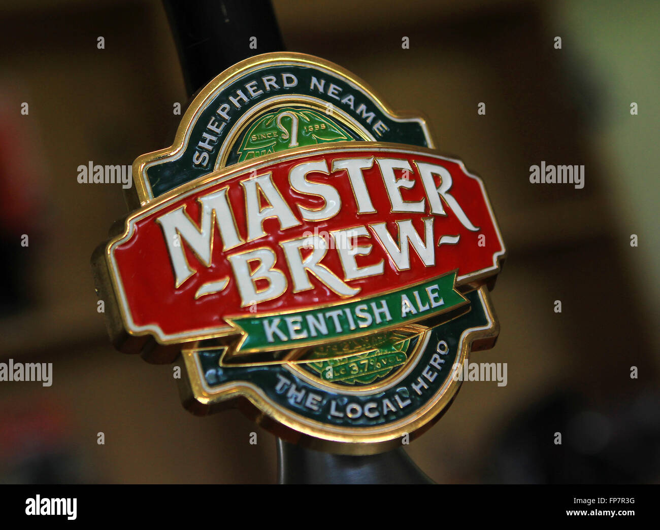 Master Brew beer pump handles Stock Photo