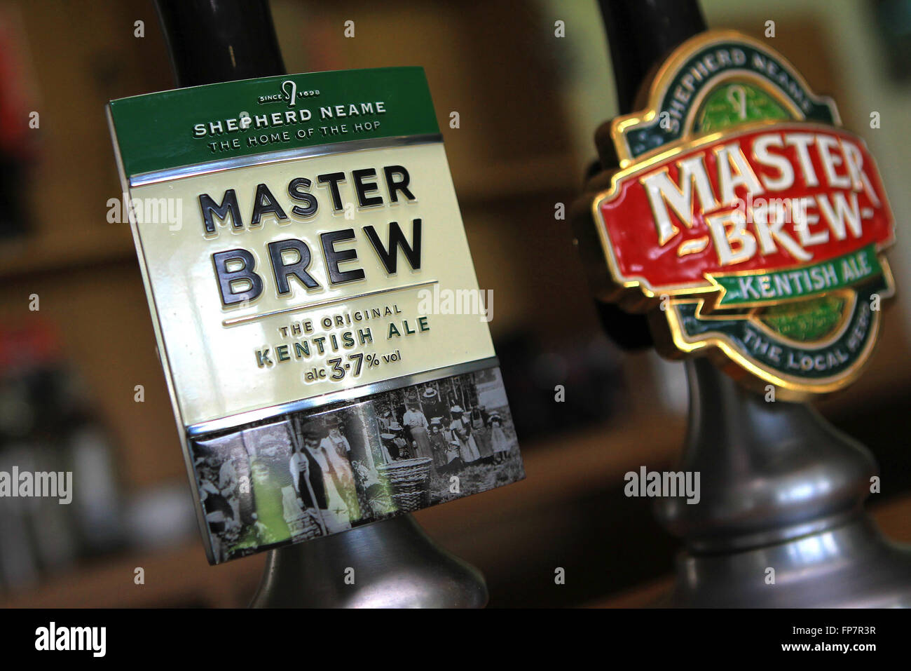 Master Brew beer pump handles Stock Photo