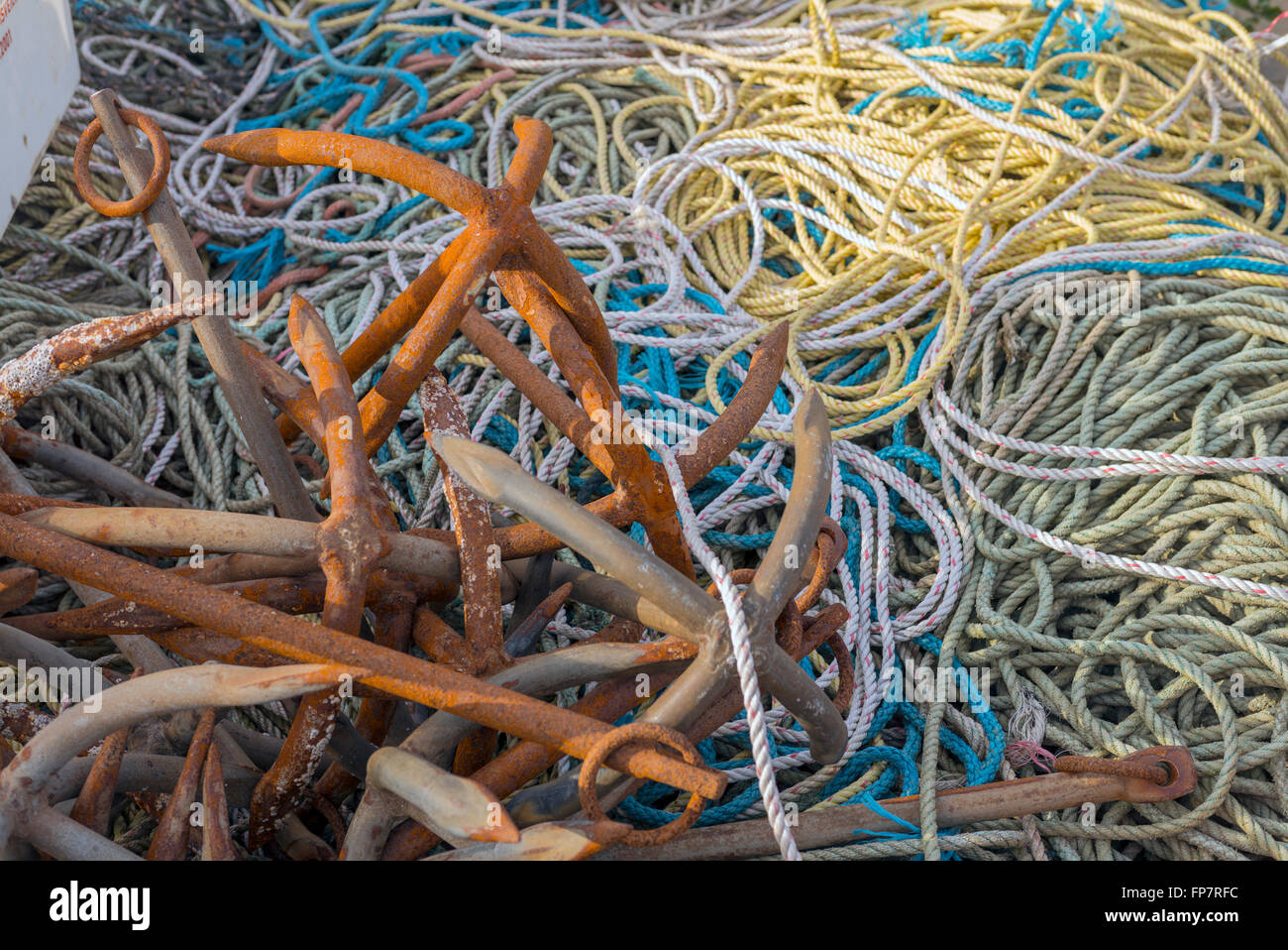 close up view of various sea anchors and ropes of various coloures