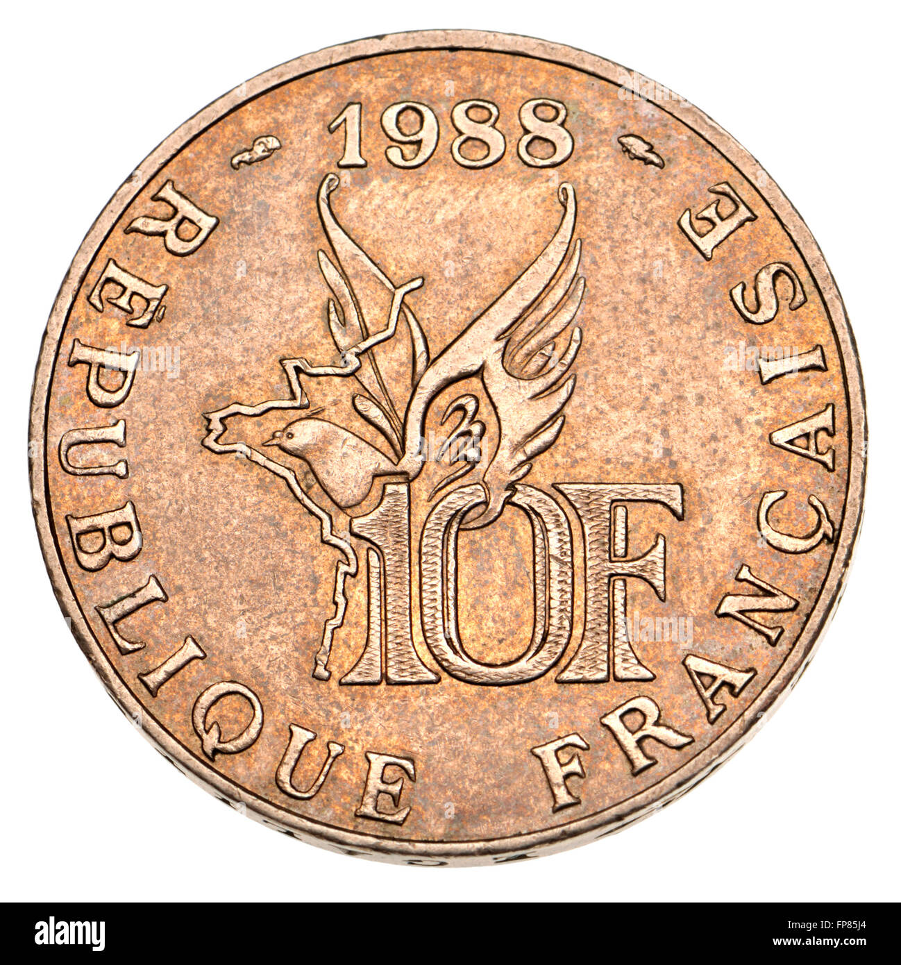 French 10f coin, 1988, commemorating 100th anniversary of the birth of Roland Garros, French aviator - reverse Stock Photo