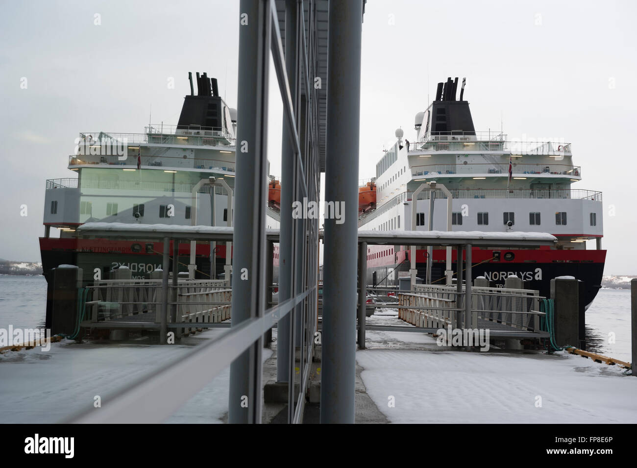 Hurtigruten ship MS Nordlys moored at Finnsnes. Norway Stock Photo
