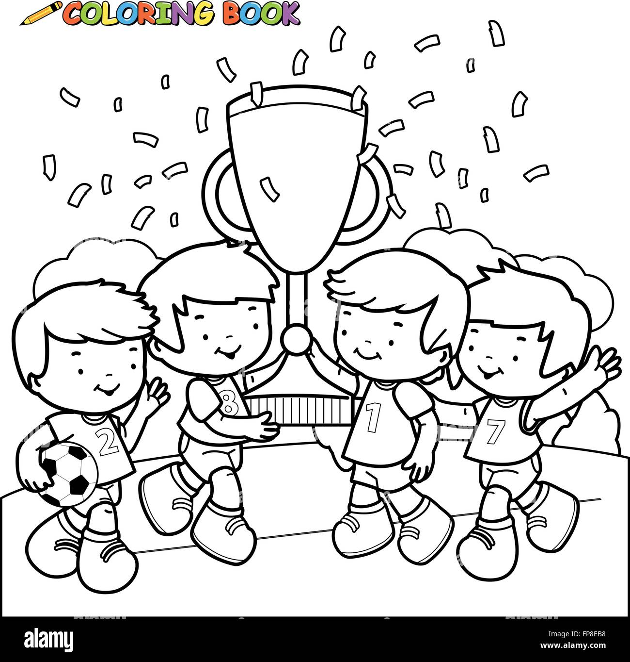 Black and white outline image of three little soccer player winner boys cheering and holding the cup at the football field. Stock Vector
