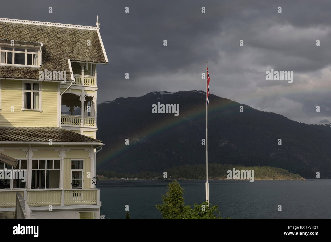 Rainbow at the Hotel Kvikne. Balestrand. Sognefjord. Norway Stock Photo