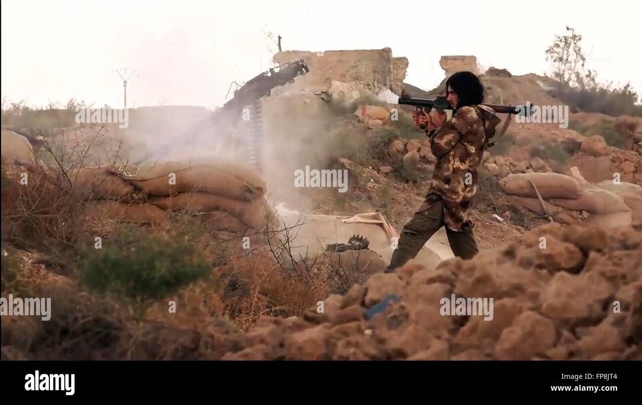 An ISIS propaganda video showing Islamic State militants during battles along the border of Iraq and Syria in an area described as Wilayah al-Khayr January 13, 2016 near Deir ez-Zor, Syria. Stock Photo
