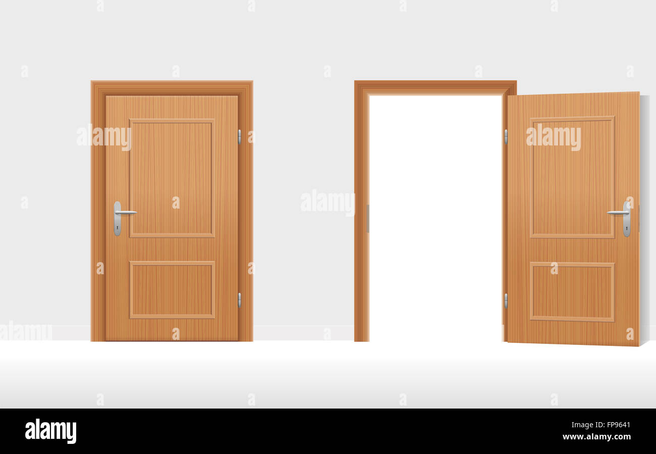 Doors - Two wooden doors, one is closed, the second is open. Stock Photo