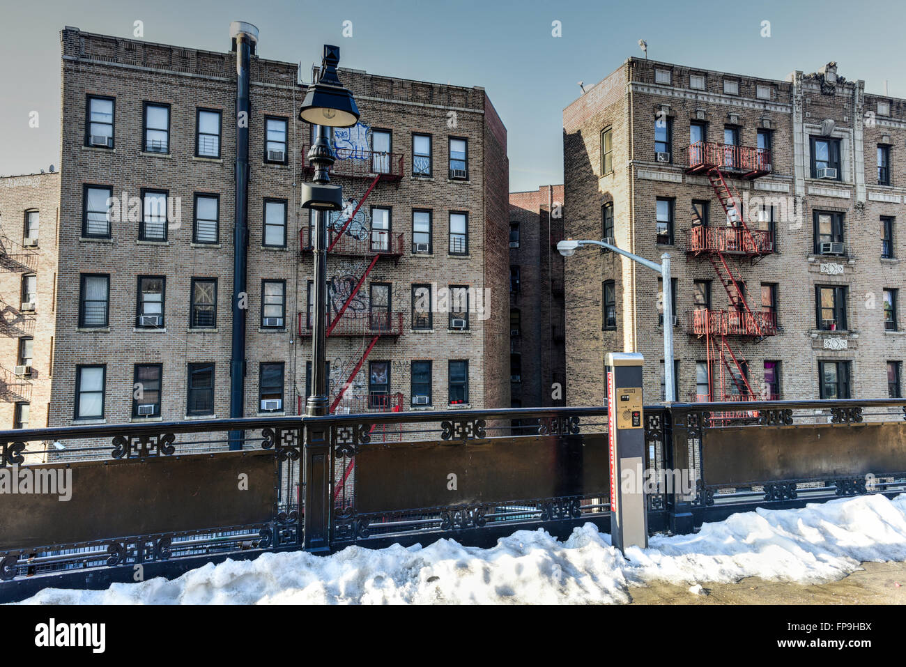 View of apartment buildings from the Dyckman Street Subway station on the 1 line in Manhattan, New York. Stock Photo
