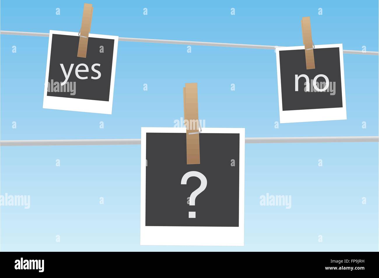 Image of pictures hanging on a clothes line with the words yes and no