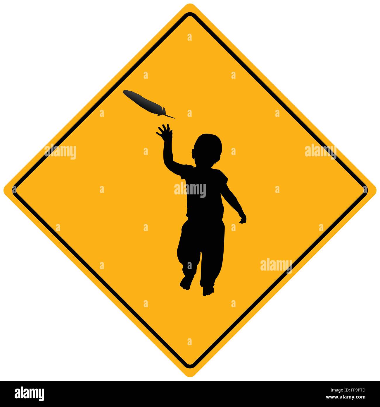 Silhouette of a child on a yellow caution sign Stock Vector