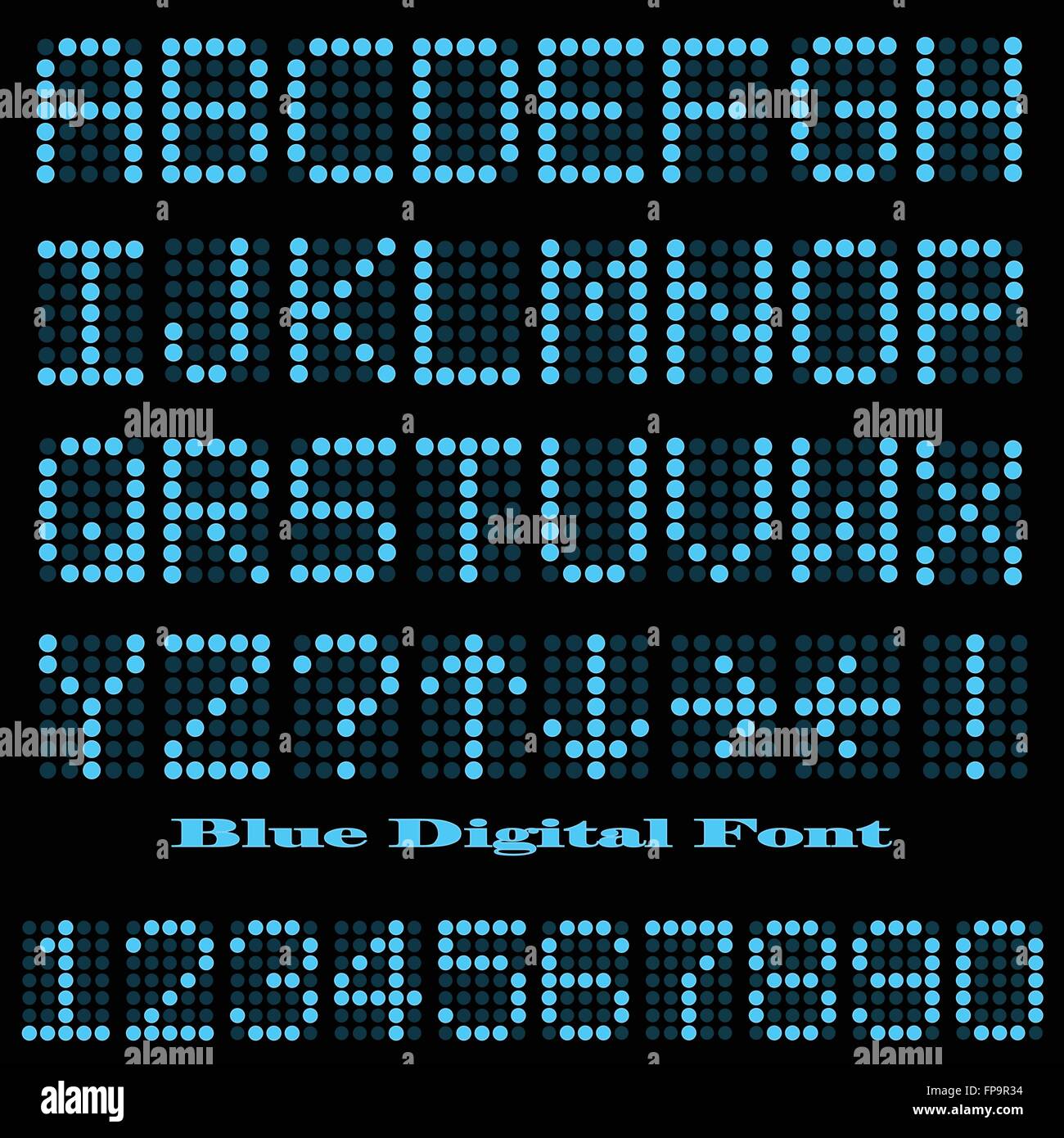 Image of a blue digital font on a dark background. Stock Vector