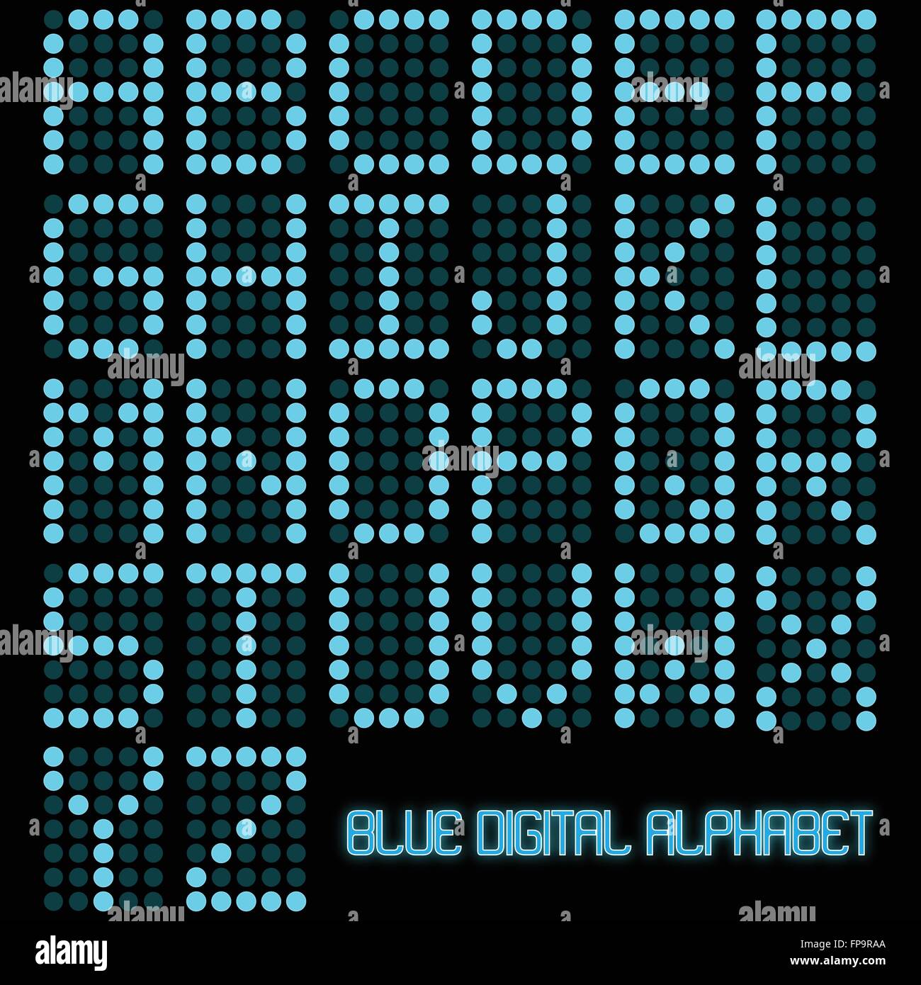 Image of a digital blue alphabet on a dark background. Stock Vector
