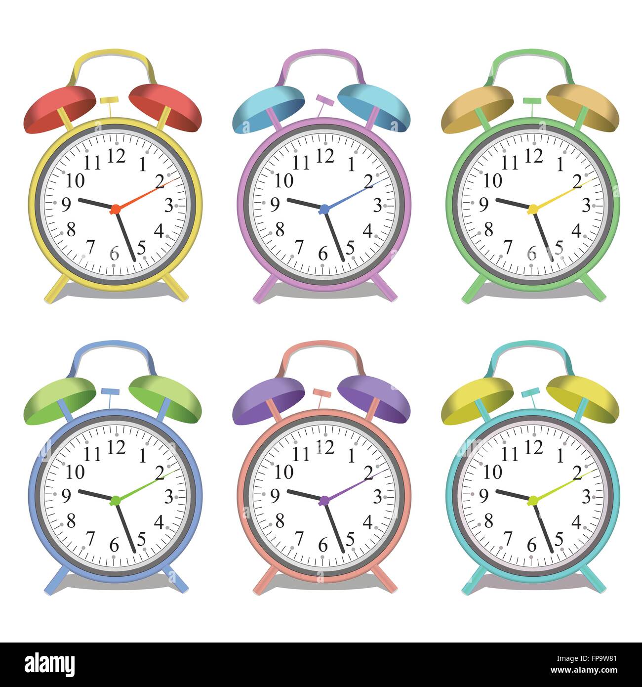 Image of various colorful alarm clocks isolated on a white background Stock Vector Image & Art
