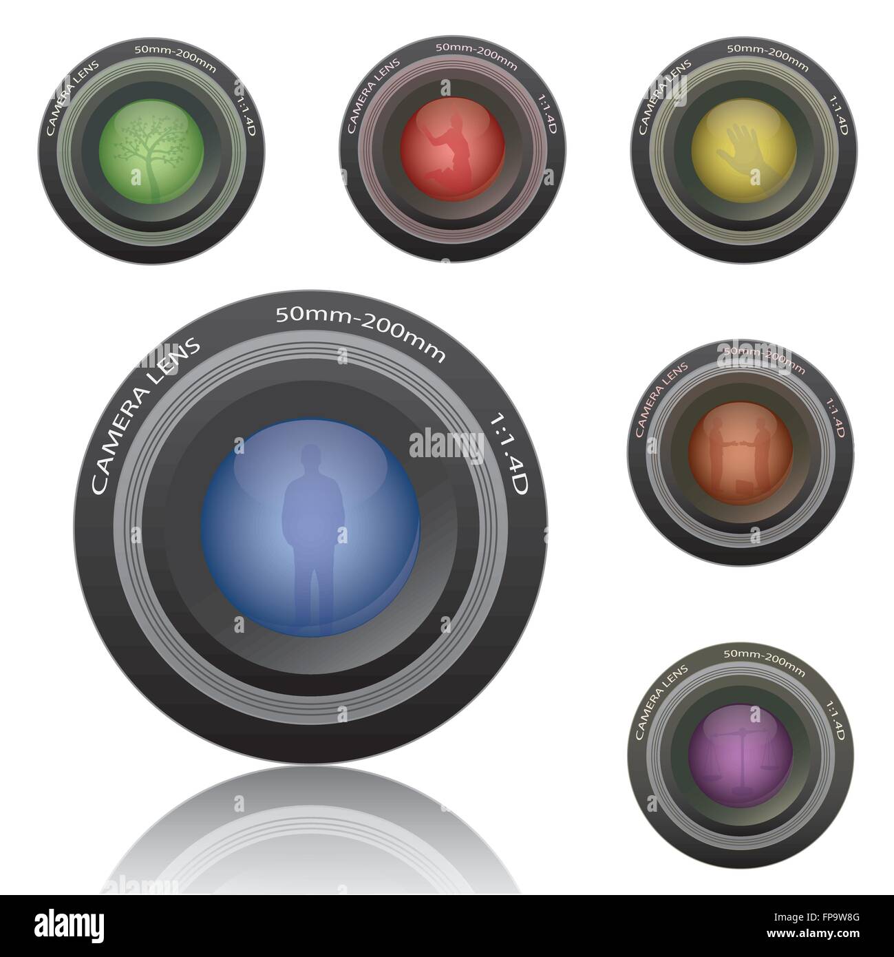 Image of various colorful camera lenses isolated on a white background. Stock Vector
