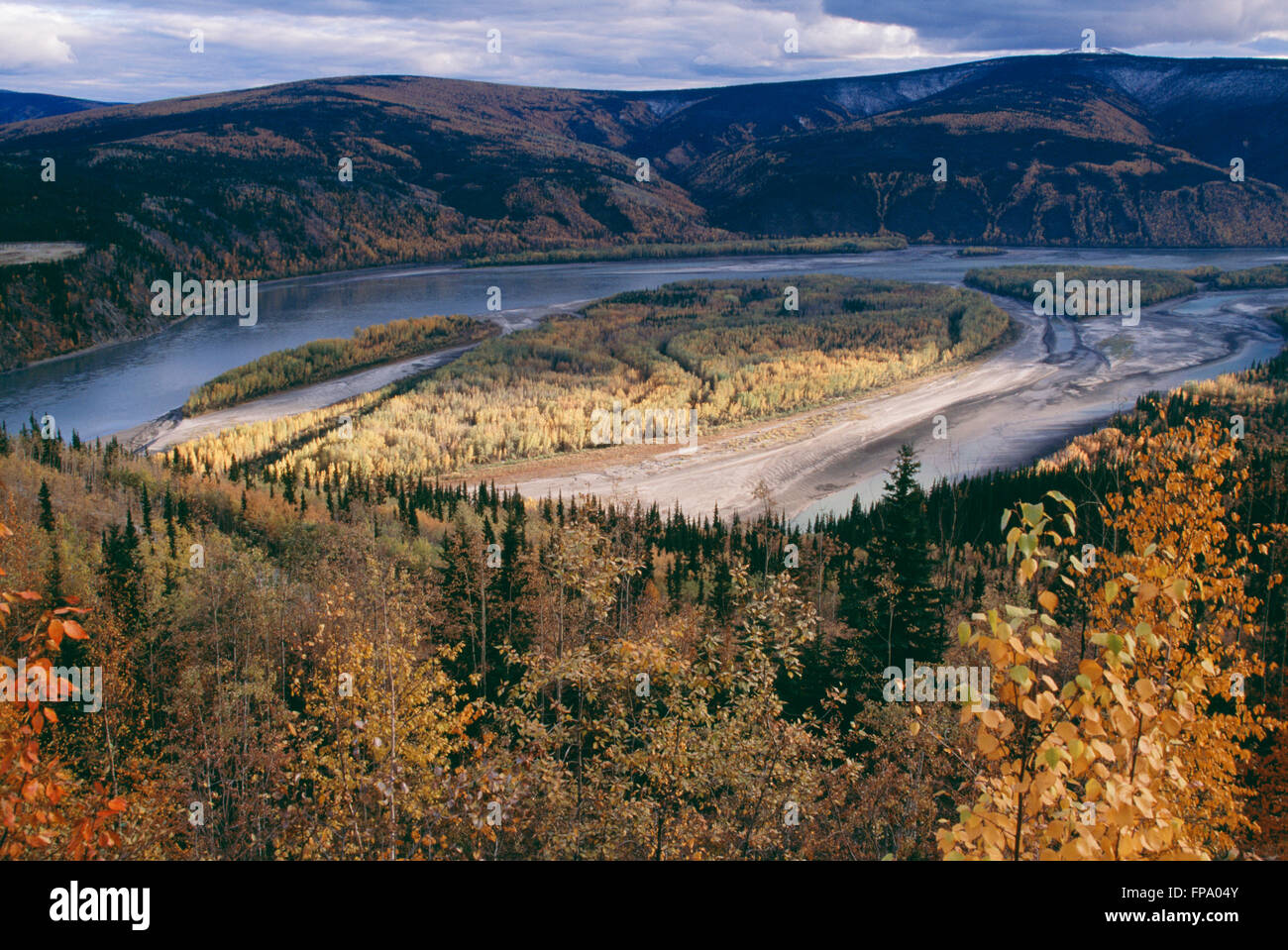 Overview of the Yukon River at Dawson City in Autumn, Yukon Territory, Canada Stock Photo