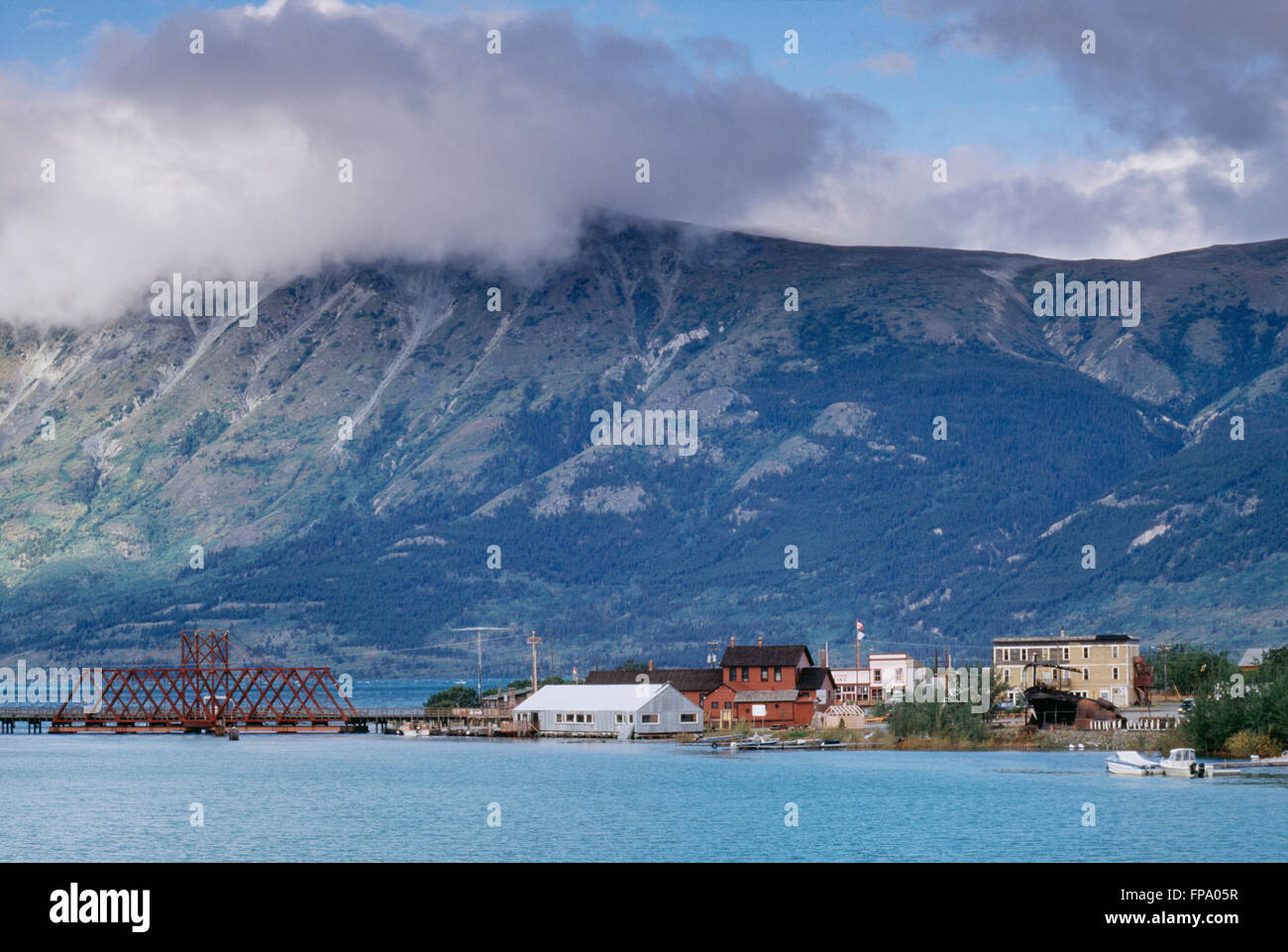 View of Carcross, Nares Lake and Mountains, Yukon Territory, Canada Stock Photo