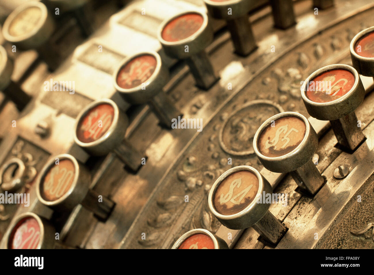 Close-up of the Keys of a Vintage Cash Register Stock Photo