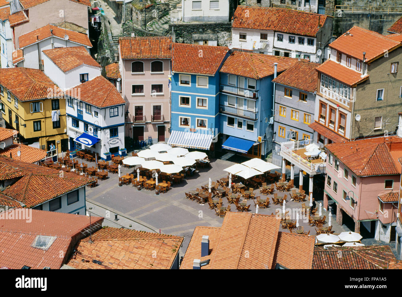 Overview of the Main Square of Cudillero, Spain Stock Photo