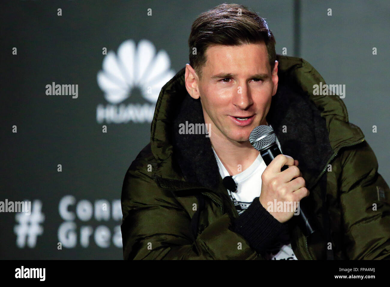 Barcelona, Spain. 17th Mar, 2016. FC Barcelona's Argentinian forward Lionel Messi attends a press conference in which Huawei announces Messi's appointment as the company's latest Global Brand Ambassador in Barcelona, Spain, March 17, 2016. © Pau Barrena/Xinhua/Alamy Live News Stock Photo