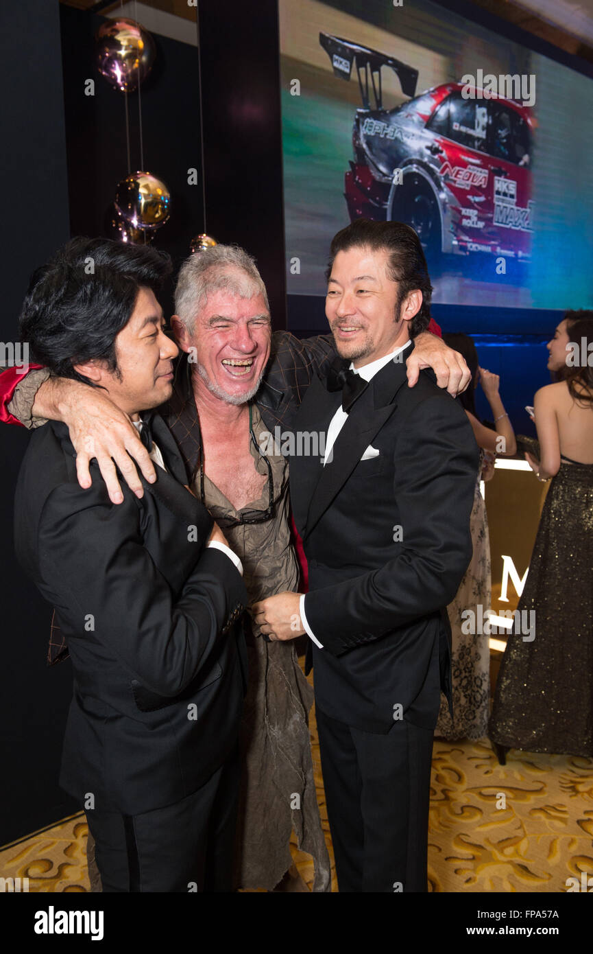 Hong Kong, Macau SAR, China. 17th Mar, 2016. L to R Japanese actor Masatoshi Nagase nominated for best actor, Australian Christopher Doyle nominated for best cinematographer and Japanese actor Tadanobu Asano who won best supporting actor prize for 'Journey to the Shore' in the Moet drinks room at the 10th Asian Film awards press conference Venetian Hotel Macau © Jayne Russell/ZUMA Wire/Alamy Live News Stock Photo