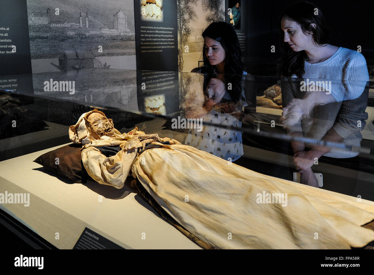 Los Angeles, California, USA. 17th March, 2016. Photo taken on March 17, 2016 shows a female mummy displayed during the preview of the "Mummies of the World: The Exhibition" held at the Bowers Museum, California, the United States. The exhibition, featuring more than 150 artifacts, real human and animal mummies from across the globe, will kick off on March 18. © Zhang Chaoqun/Xinhua/Alamy Live News Stock Photo