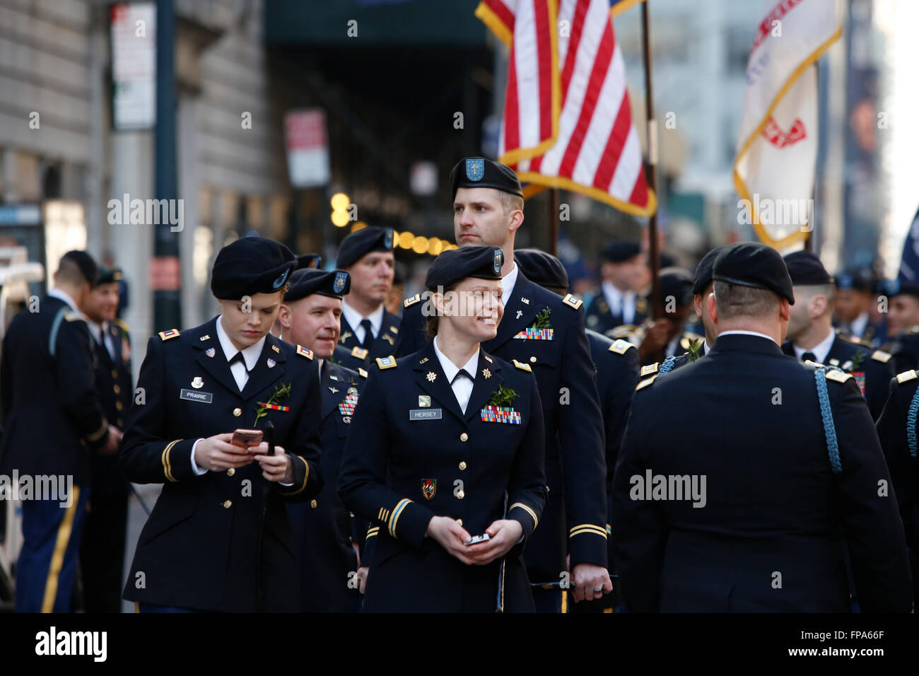 New York City, USA, 17 March 2016. St Patrick's Day parade:  Members of US army honor guard assemble casually prior to marching in St Patrick's Day Parade Credit:  Andrew Katz/Alamy Live News Stock Photo