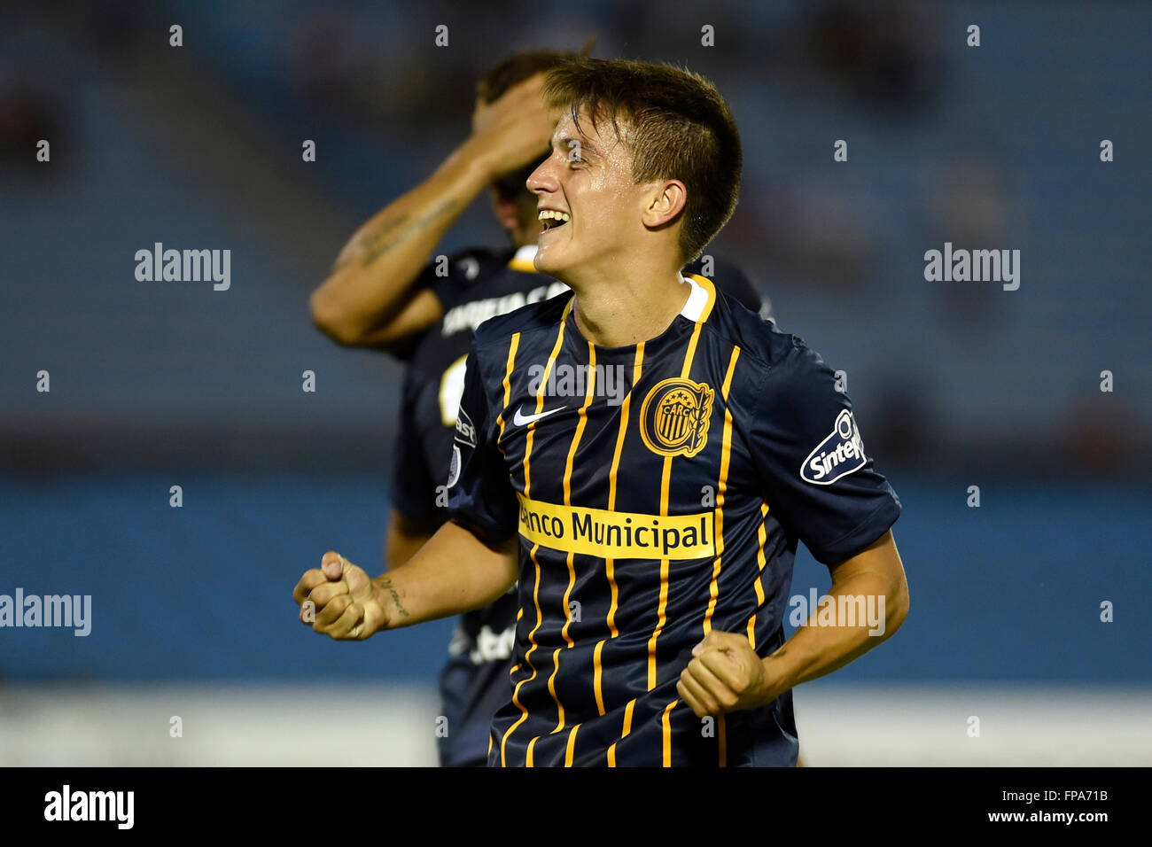 Montevideo, Uruguay. 17th Mar, 2106. Franco Cervi of Argentina's Rosario Central celebrates after scoring during the Group 2 match of the Libertadores Cup, against Uruguay's River Plate, held at Centenario Stadium in Montevideo, capital of Uruguay, on March 17, 2106. Rosario Central won by 3-1. © Nicolas Celaya/Xinhua/Alamy Live News Stock Photo