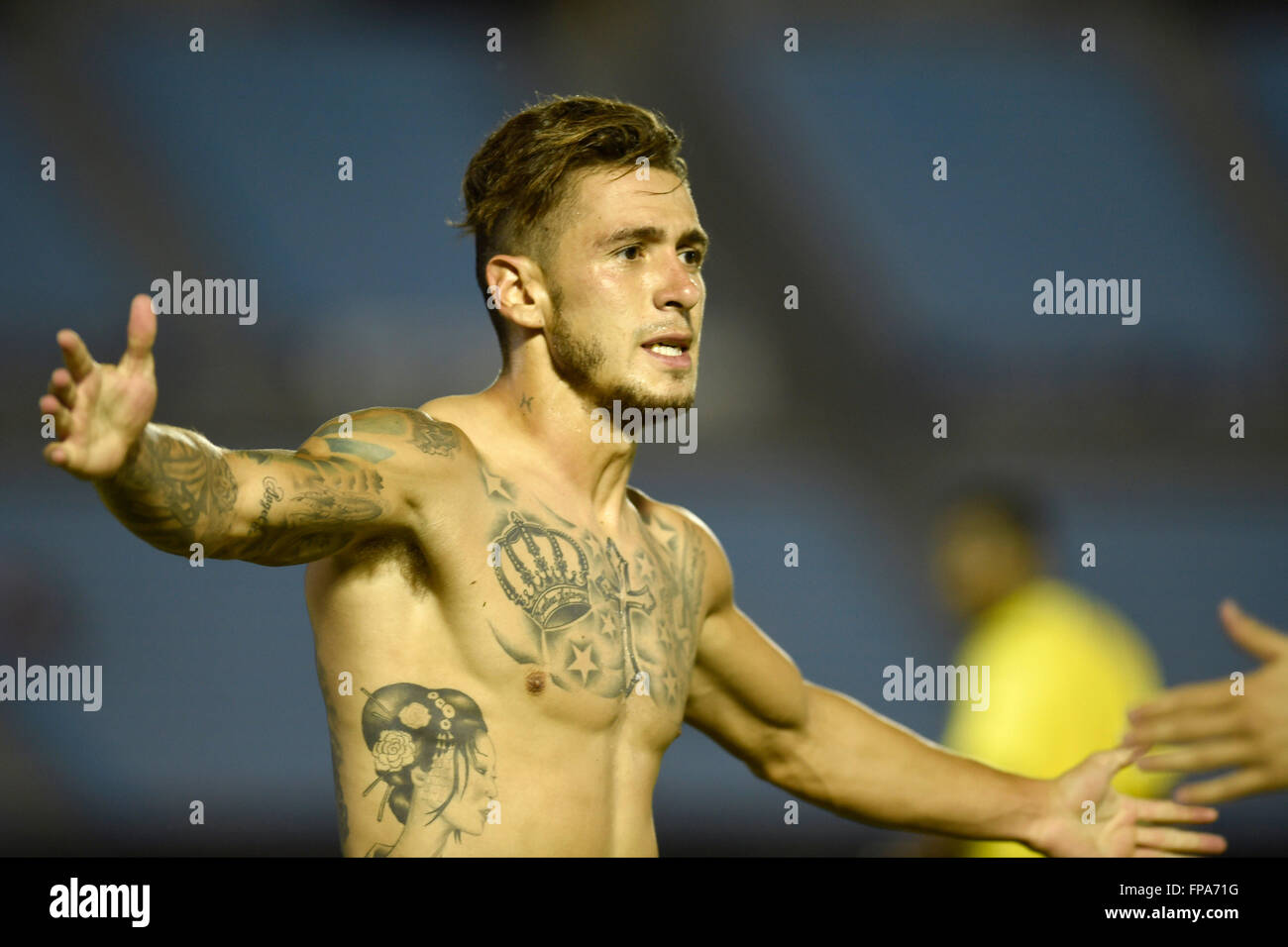 Montevideo, Uruguay. 17th Mar, 2106. Jonas Aguirre of Argentina's Rosario Central celebrates after scoring during the Group 2 match of the Libertadores Cup, against Uruguay's River Plate, held at Centenario Stadium in Montevideo, capital of Uruguay, on March 17, 2106. Rosario Central won by 3-1. © Nicolas Celaya/Xinhua/Alamy Live News Stock Photo