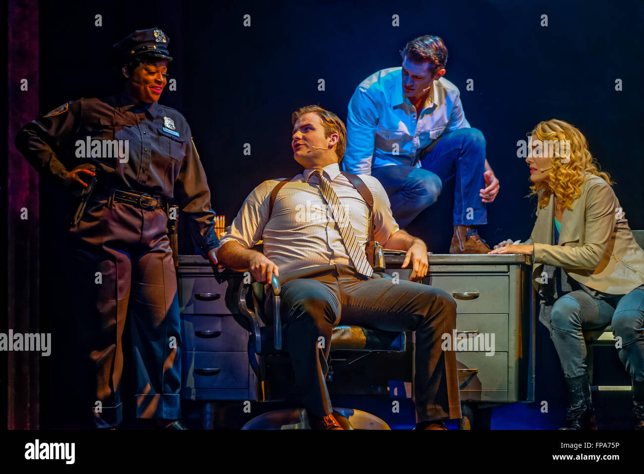 Sydney, Australia. 18th Mar, 2016. The Police Station scene performed during the media preview of the Broadway and West End hit 'Ghost the Musical' directed by Matthew Warchus at the Theater Royal in Sydney. Credit:  Hugh Peterswald/Pacific Press/Alamy Live News Stock Photo