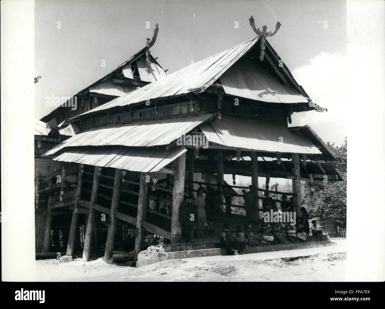 1959 - One Hundred years old-inspite of its new corrugaed Iron roof. This Sultans Palace on Sumbawa Island, Built entirely of wood, the foundation pillars are beginning to sag inwards, On the roof is a primitive buffalo horn emblem. © Keystone Pictures USA/ZUMAPRESS.com/Alamy Live News Stock Photo