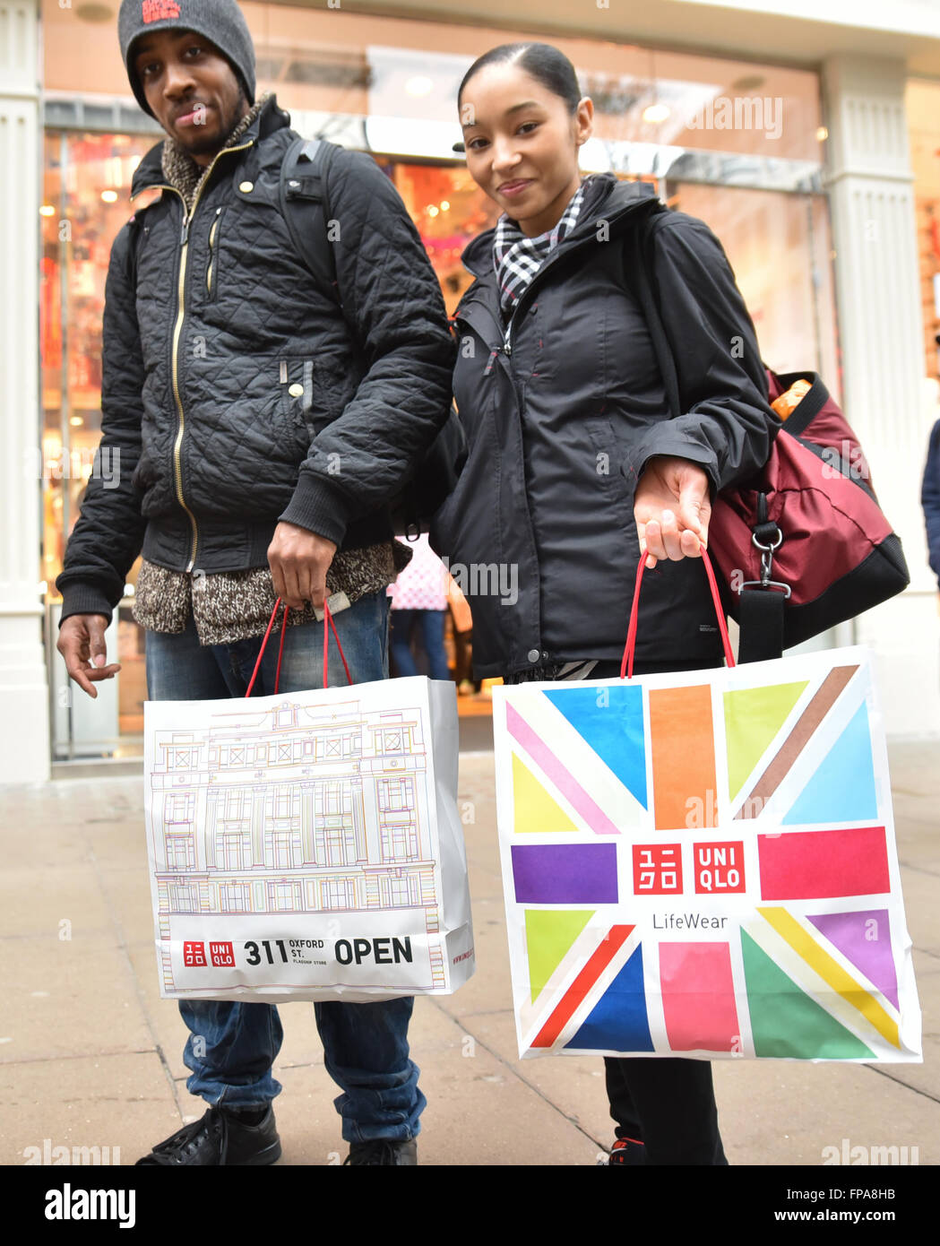 Oxford Circus, London, UK. 18th March 2016. Uniqlo reopen their