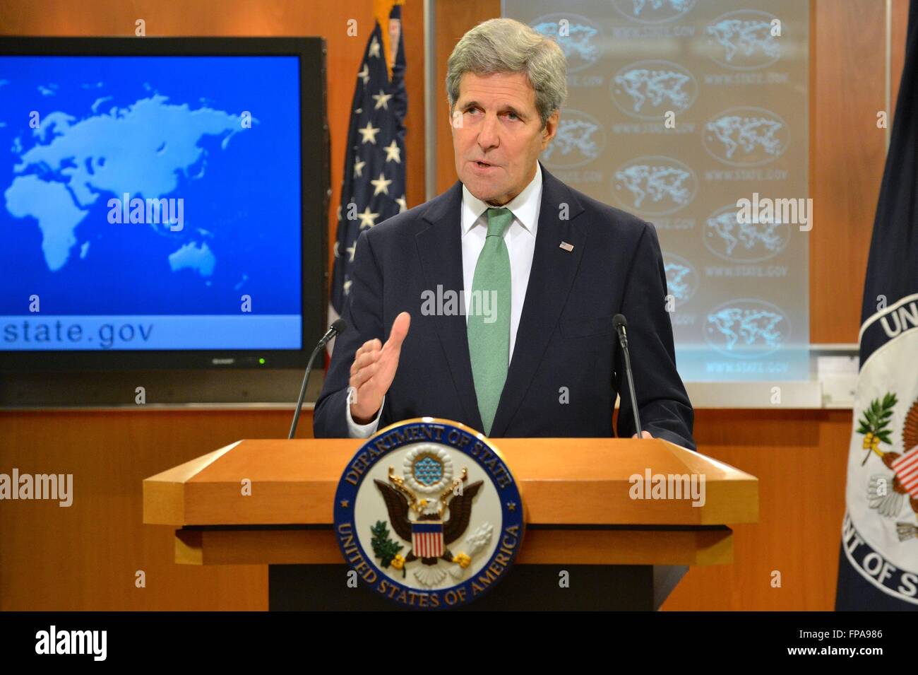 U.S Secretary of State John Kerry during a press conference at the State Department March 17, 2016 in Washington, D.C. Kerry said that the Islamic State is committing genocide against Christians and other minorities in Iraq and Syria. Stock Photo