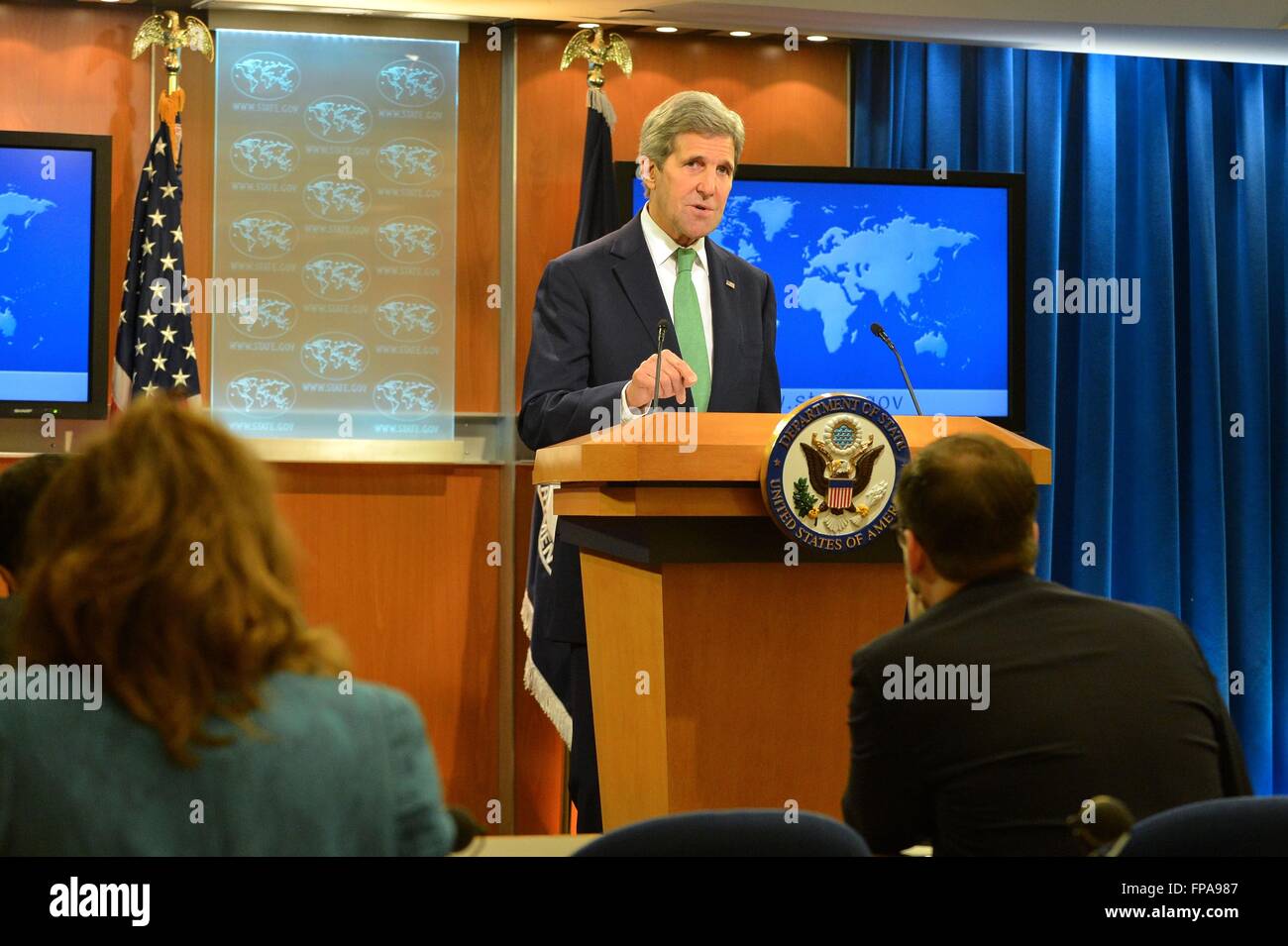 U.S Secretary of State John Kerry during a press conference at the State Department March 17, 2016 in Washington, D.C. Kerry said that the Islamic State is committing genocide against Christians and other minorities in Iraq and Syria. Stock Photo