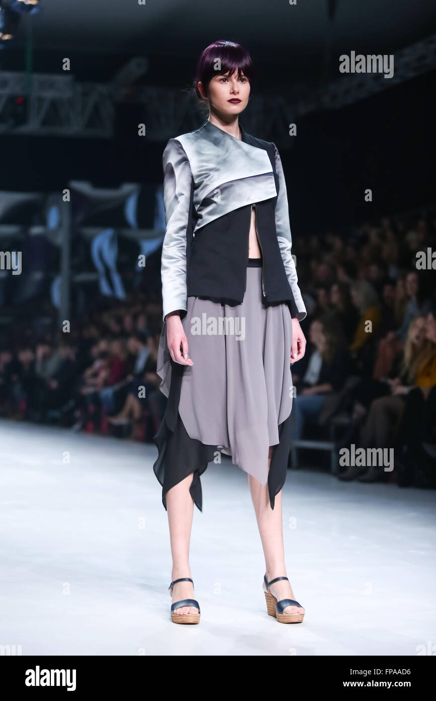 Zagreb. Croatia. 17th March, 2016. Model wearing clothes designed by