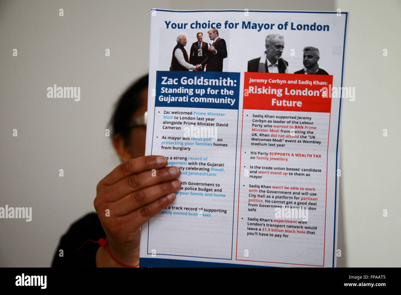 London, UK 18 March 2016 - Conservative candidate for London mayor, Zac Goldsmith targetting minority ethnic voters by sending letters to London Gujarati Indian community, warning them a vote for Sadiq Khan would put their family heirlooms at risk. © Dinendra Haria/Alamy Live News Stock Photo