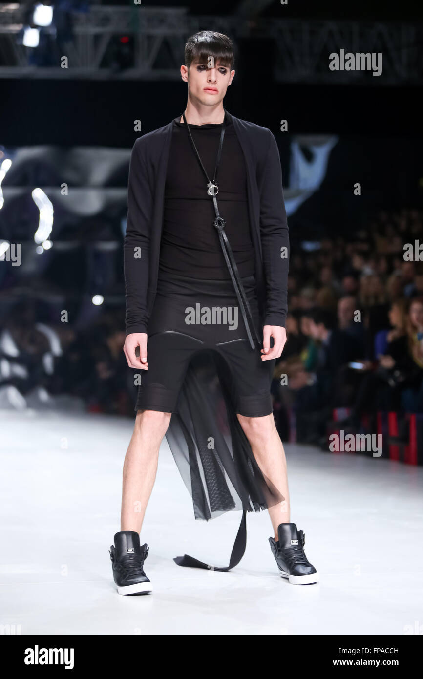 Zagreb, Croatia. 17th March, 2016. Model wearing clothes designed by
